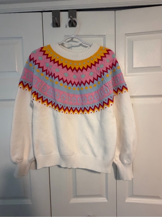 Sugarlips Sweaters - Sugarlips White Crewneck Sweater with Pink, Yellow & Blue Fair Isle Yoke